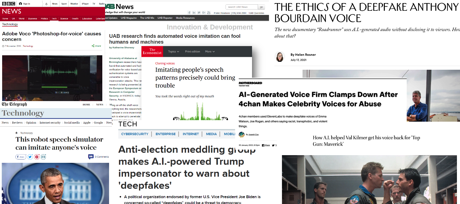 Years of headlines from Adobe preview of VOCO the photoshop-for-voice in 2016 to the current wave of celebrity imitations in 2023.